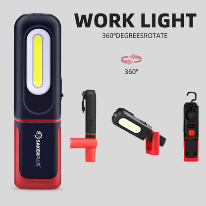 🔥SAKERPLUS Wiederaufladbare Arbeitsleuchte, 3000LM COB LED Magnetische Mechanikerlampe mit 360° Schwenkbügel, 180° Verstellbarem Ständer, Taschenlampen-Modus, USB-C Ladung, IP54 Wasserbeständig für Autoreparatur, Garage & Camping