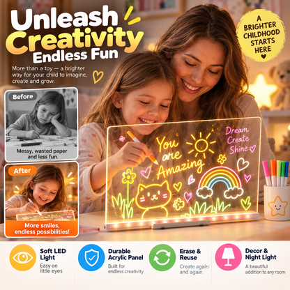 🥳HEISSER VERKAUF 2026🥳💞ÜBER 50.000 VERKAUFT! 🎨✨ 50 % RABATT! Leuchtende, löschbare Maltafel zum Selbermachen für Kinder – sanfte LED-Beleuchtung, wiederverwendbares Acryl, dient gleichzeitig als Nachtlicht. Unendlicher kreativer Spaß! 🛡️💚